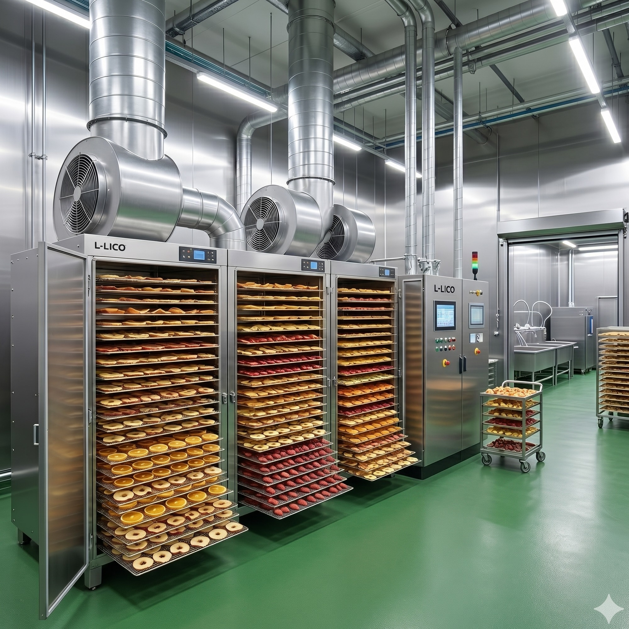Industrial fruit drying facility with multi-rack ovens